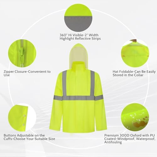 TCCFCCT High Visibility Rain Gear for Men Waterproof High Vis Rain Jacket, Class 3 Hi Vis Rain Coat for Men with Hood, Lightweight Rain Suits for Mens Safety Work & Outdoors, 4XL-5XL Yellow NP