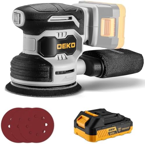 Cordless Orbital Sander: DEKOPRO 20V Random Orbit Sander, 5inch Power Palm Sander Electric Sanders Tool with Battery, Charger, Dust Collector, 16 Pcs Sanding Discs for Woodwroking