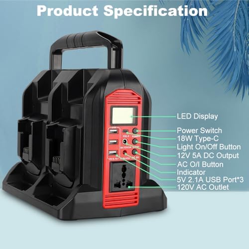 Choerinton 350W Power Inverter for Milwaukee M18 18V Battery 4-Port 18V DC to 120V AC Inverter with LED Light, 3 USB-A,1 USB-C, DC and AC Ports. Portable Battery Inverters for Outdoor Use(Tool Only)