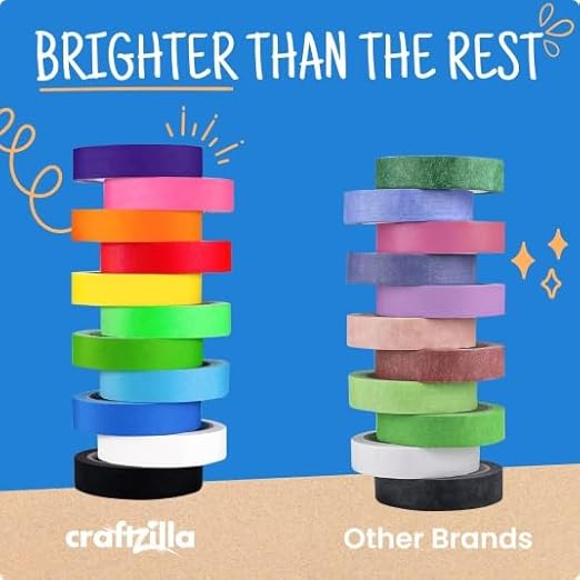 Craftzilla Colored Masking Tape - 11 Roll Multi- Pack, 825 Ft x 1 Inch - Colored Painters Tape for Arts & Crafts Labeling or Coding, Kids Art Supplies Color Tape Rolls, Colorful Masking Craft Tape