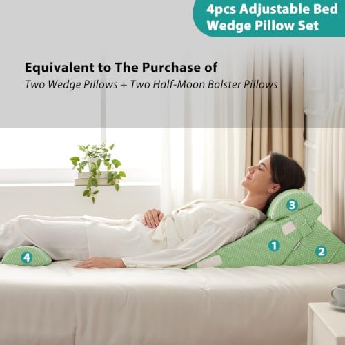 Bedluxe Adjustable 4pcs Bed Wedge Pillow Set, Memory Foam Wedges Pillow Post Surgery for Back, Neck, Leg Pain Relief, Pillows Wedge for Sleeping, Sitting up in Bed, Acid Reflux and GERD, Green