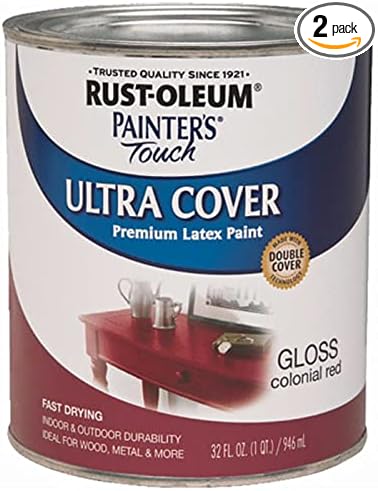 Rust-Oleum 1964502-2PK Painter's Touch Latex Paint, Quart, Gloss Colonial Red, 2 Pack