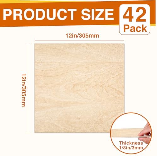 42 Pack Basswood Sheets 12"x12"x1/8" for Crafts,Unfinished Wood,3mm Basswood Craft Wood Board Perfect for DIY Ornaments and Models Drawing Painting Engraving Burning and Laser Scroll Sawing.