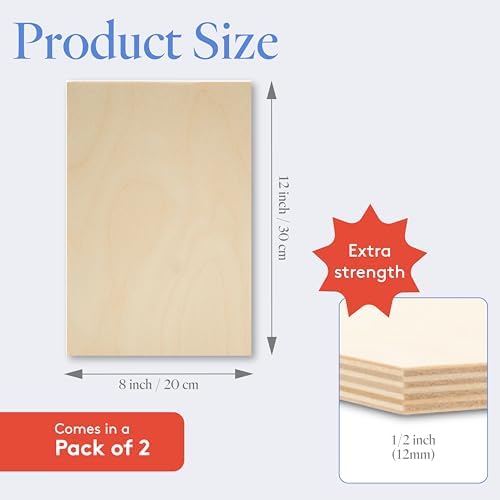 Baltic Birch Plywood 8 x 12 x 1/2 Inch - 12 mm Craft Wood, Pack of 2 B/BB Grade, Stronger Than Basswood Sheets or Balsa Wood, Perfect for Laser, CNC Cutting, Wood Shelves, by Woodpeckers