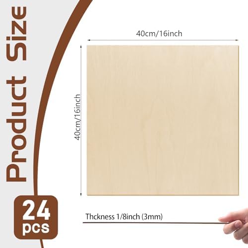 24 Pcs Basswood Sheets Plywood, 16 x 16 x 1/8 Inch - 3mm Thick Unfinished Wood Board for Crafts for Laser Cutting & Engraving, School DIY Projects, Painting, Fretwork, CNC Cutting, Wood Burning 24 Pcs