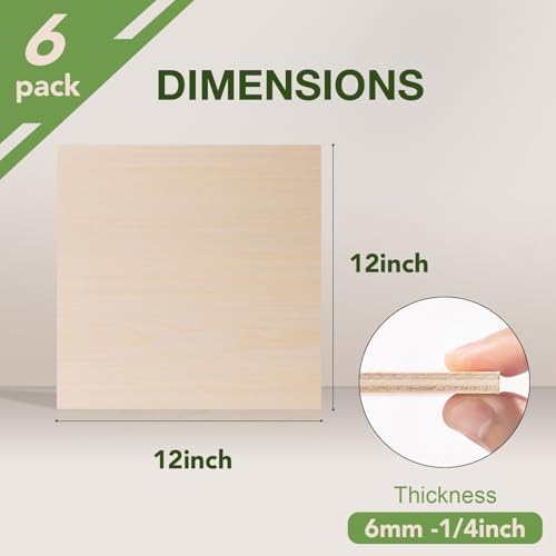 Rowood 6 Pack Maple Plywood 1/4,12x12x1/4inch,6mm Wood Sheets Thin Unfinished Maple Plywood for Laser Cutting and Engraving,DIY Adult Craft Project Kits for Ornaments, Models Drawing,Wood Burning