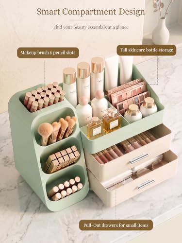 Booklov Large Makeup Organizer for Vanity Countertop, Green Cream