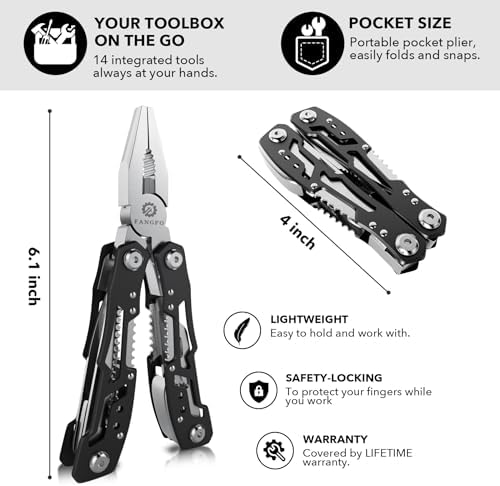 14-In-1 Multitool with Safety Locking, Professional Stainless Steel Multitool Pliers Pocket Knife, Bottle Opener, Screwdriver with Nylon Sheath ，Apply to Survival,Camping, Hunting and Hiking 1 Pcs