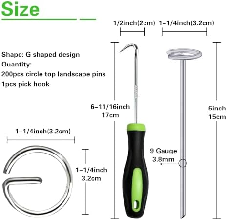 Bakulyor 200Pcs Circle Top Landscape Staples, 6 Inch Garden Stake 9 Gauge Galvanized Landscape Fabric Stakes, Heavy Duty Yard Ground Pins for Outdoor Gardening Weed Barrier Sod Fabric - Silver 6"