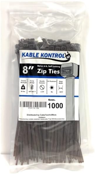 Kable Kontrol Cable Zip Ties, 8 Inch, 1000 Pcs, 50lbs Test, Brown | Nylon Plastic, Self Locking, UL Listed, Indoor Use