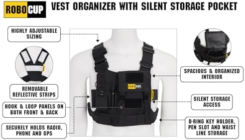 ROBOCUP Radio Chest Harness Vest - Adjustable Utility Organizer with Silent Buckle Closure - Full-Size Ham Radio Pouch, Secure Fit, Work Gear with D-Ring, Reflective Safety Stripes, Hook & Loop Patch