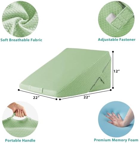 Bedluxe Wedge Pillow for Sleeping, Adjustable 9&12 Inch Foldable Bed Wedge Pillow Set, Orthopedic Memory Foam Triangle Pillows Wedge, 7-in-1 Elevated Pillows for Leg and Back Support, Green