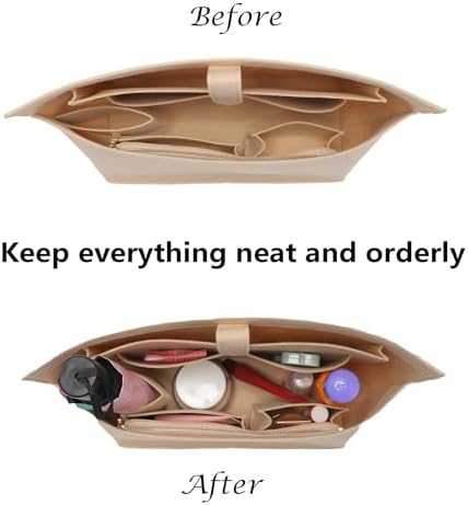 Doxo Purse Organizer Insert for Handbags, Felt Neverfull MM Organizer Insert with Laptop Compartment, Tote Bag Organizer with Zipper Pocket and Bottle Holder, Fit Neverfull MM and More, Beige-L
