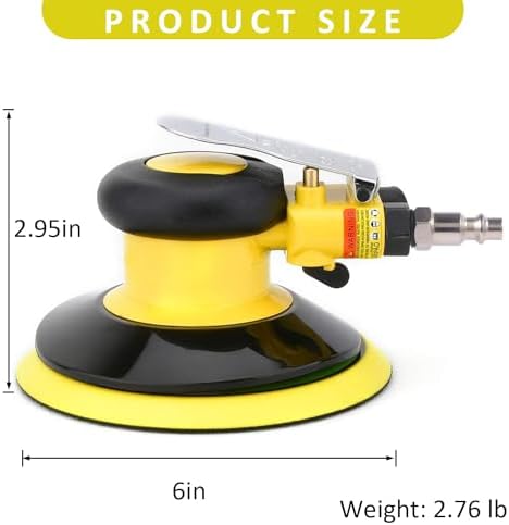 Professional Air Random Orbital Palm Sander, Dual Action Pneumatic Sander, Low Vibration, Heavy Duty … (6-inch Yellow)