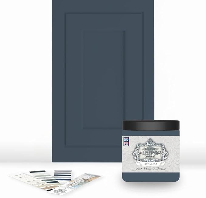 ALL-IN-ONE Paint by Heirloom Traditions, Bermuda (Blue Gray), 8oz Sample - Durable cabinet and furniture paint. Built in primer and top coat, no sanding needed. Includes our 30 featured color card.