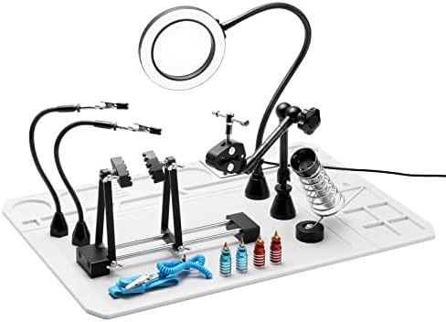 SainSmart 2-in-1 Magnetic Helping Hands, Luxurious Soldering Repair Station with Silicone Soldering Mat, PCB Circuit Board Holder, 5X LED Magnifying Lamp, Extra Large & Heavy Duty Base Plate, ESD Safe