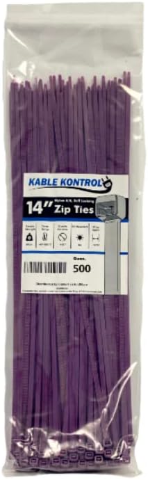 Kable Kontrol Cable Zip Ties, 14 Inch, 500 Pcs, 50lbs Test, Purple | Nylon Plastic, Self Locking, UL Listed, Indoor Use