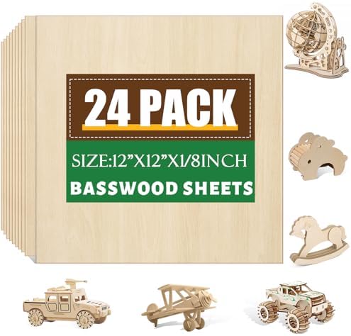 24 Pack Basswood Sheets 1/8 x 12 x 12 Inch for Crafts, Basswood Sheets Plywood Sheets for Laser Cutting & Engraving, Architectural Models.Unfinished Wood Sheets for DIY Projects.