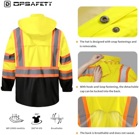 Reflective Rain jackets for men waterproof,Hi Vis Safety Coat With Reflective Strips，High Visibility Class 3 Rain jackets With 2 large pockets,Zipper,Lime,LG/XL