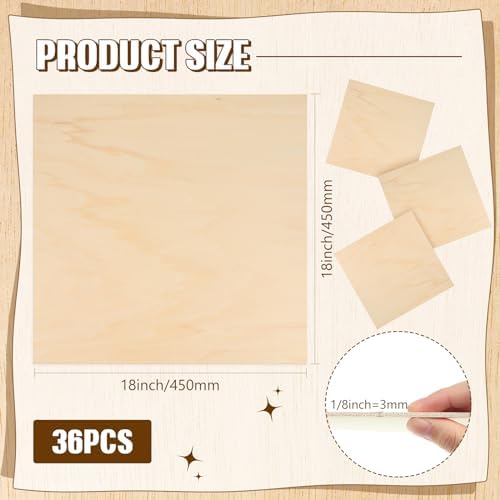 Riakrum Basswood Sheets Plywood Board Unfinished Wood Boards for Crafts for DIY Laser Projects Architectural Mini House Building Hobby Model Making(18 x 18 x 1/8 Inch,36)