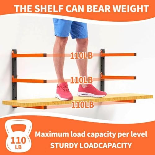 Homydom Heavy Duty Wall Mounted Lumber Storage Rack, 3-Level, 4 Pack Metal Garage Shelving System for Wood, Pipes & Skis, 300 Lbs Capacity Organizer Bracket (Black/Orange)