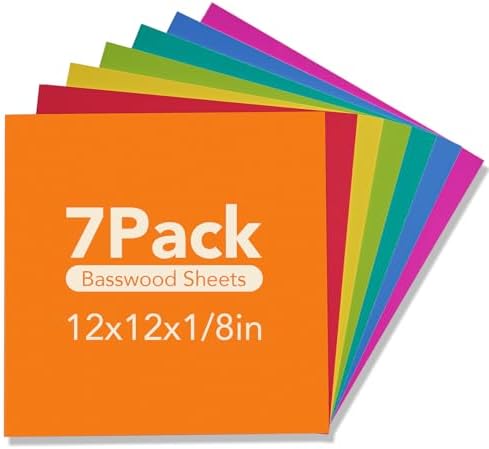Rowood Colored Plywood Sheets for Laser Cutting,12x12x1/8inch,7 Pack 3mm Thin Unfinished Wood Crafts for Laser Engraving and DIY Ornaments and Architectural Model-Red/Orange/Yellow/Blue-WB124
