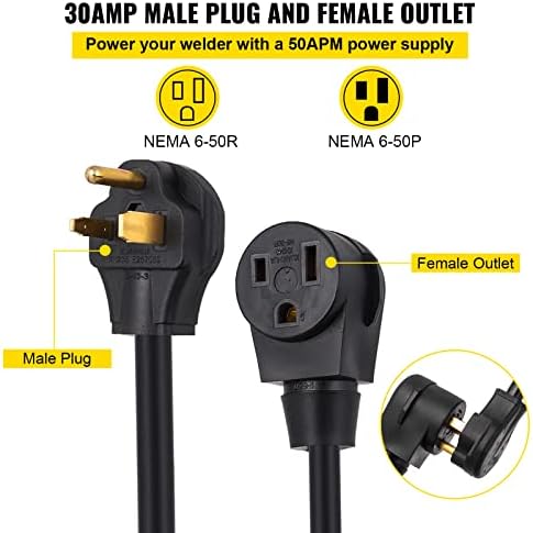 VEVOR Welder Extension Cord 30Amp 25ft 250V, Welding Power Cord with NEMA 6-50 Plug 10 Gauge 3 Prong for MIG,Lincoln,Plasma,Miller,TIG, Black