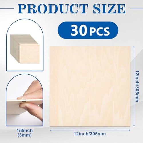 30 Pack Basswood Sheets for Crafts,12"x12"x1/8" 3mm Thick Plywood Sheets with Smooth Surfaces-Unfinished Squares Wood Boards for Laser Cutting, Wood Burning, Architectural Models, Staining