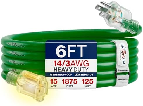 6ft Outdoor/Indoor Extension Cord 14/3 Gauge Heavy Duty 3 Prong SJTW, Waterproof, Flexible Cold-Resistant Long Power Cord,15A 125V 1875W, Green by LifeSupplyUSA
