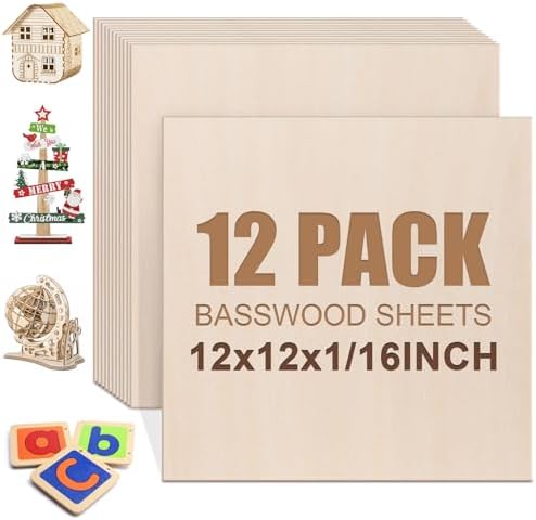 12 Pack Basswood Sheets 1/16"x12"x12", Balsa Wood Sheet for Laser Cutting and Engraving,Thin Plywood Board Unfinished Wood for Crafts, DIY Ornaments and Architectural Model, Wood Burning.