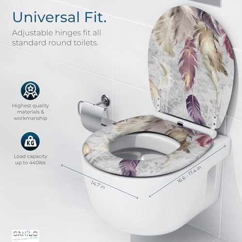 Sanilo Wooden Toilet Seat with Quick Release & Soft Close [ROUND] - Decorative & Slow Close Molded Wood Seat - With One Click for Easy Installation & Cleaning - With Adjustable Fit (Feathers)