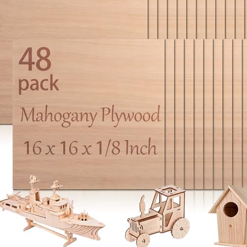 48 Pcs Mahogany Plywood Sheets,16 x 16 x 1/8 Inch - 3mm Thick Mahogany Unfinished Wood for Crafts Laser Cutting & Engraving, School DIY Projects, Painting, Fretwork, CNC Cutting, and Wood Burning