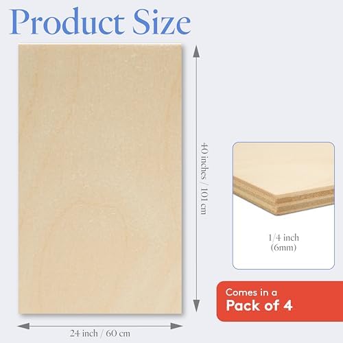 Baltic Birch Plywood 24 x 40 x 1/4 Inch- 6 mm Craft Wood, Pack of 4 B/BB Grade, Stronger Than Basswood Sheets or Balsa Wood, Perfect for Laser, CNC Cutting, Wood Burning, by Woodpeckers