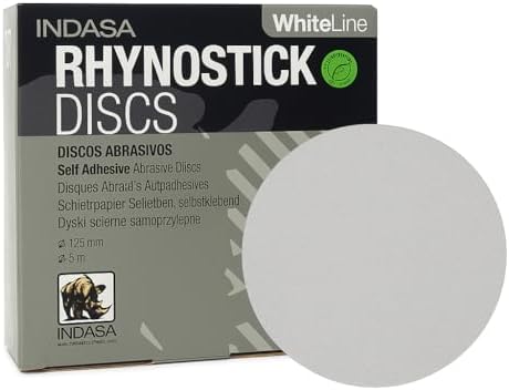 Indasa 5" Rhynostick White Line PSA Discs – Aluminum Oxide, No-Clog, Easy Release Tabs, 36-600 Grit, for Wood, Drywall & Auto Body Sanding (5 Inch Sticky Back(PSA), 400, Very Fine)