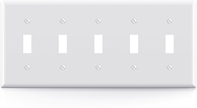 ELEGRP 5-Gang Toggle Switch Wall Plates, Standard Size 4.52" H x 10.03" L Unbreakable Thermoplastic Faceplate Cover for Toggle Dimmer Light Switches, UL Listed (1 Pack, Glossy White)