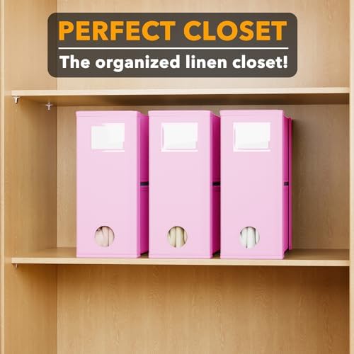 SpaceAid 3 Pack Bed Sheet Organizers and Storage, Foldable Sheet Organizer for Linen Closet, Set Folder Keeper with Window XL (Queen & King Size) Bedding Container (Pink, 3 Pack)
