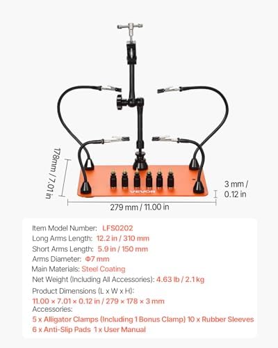 VEVOR Magnetic Helping Hands Soldering Station, 4 Flexible Arms Third Hand Tool, with 6 PCB Pillar Holders & 360 Hot Air Gun Holder, Heavy-Duty Base Soldering Helper for Electronic Repair Craft
