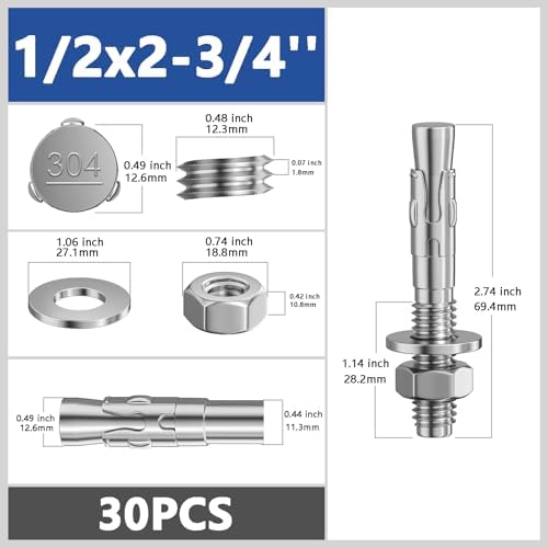 Wensilon 30Pcs 1/2x2-3/4 Inch Standard Fasteners for Heavy-Duty 304 Stainless Steel Wedge Anchors for Cement and Concrete