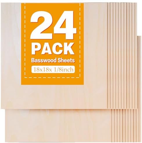 24Pack Basswood Sheets 18"x18"x1/8", 3mm Basswood for Laser Cutting, Thin Plywood Board Unfinished Wood for Crafts, DIY Architectural Models Making, Wood Engraving (24Pack-18x18inch)