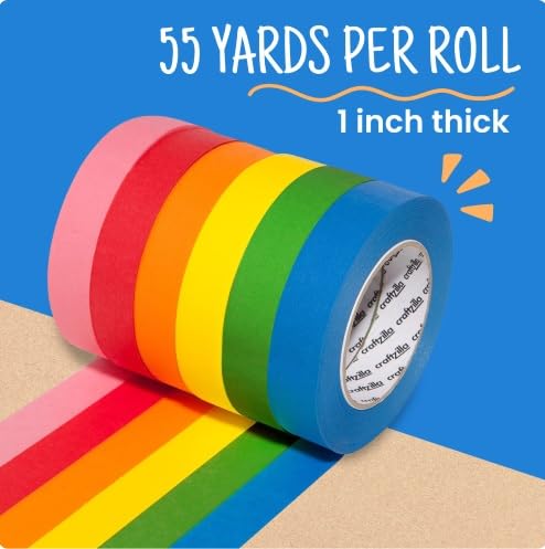 Craftzilla Colored Masking Tape - 6 Color Masking Tape Rolls - 990 Feet x 1 Inch Painters Tape - Colored Painters Tape Assortment - Painter Tape - Craft Tape - Labeling Colorful Masking Tape