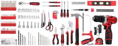 KingTool 276-Piece Tool Set Kit with 12V Cordless Power Drill (Red Black)