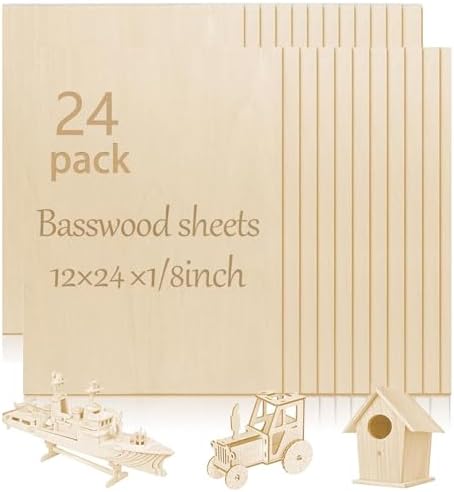 24 Pcs Basswood Sheets Plywood, 12 x 24 x 1/8 Inch - 3mm Thick Unfinished Wood Board for Crafts for Laser Cutting & Engraving, School DIY Projects, Painting, Fretwork, CNC Cutting, and Wood Burning