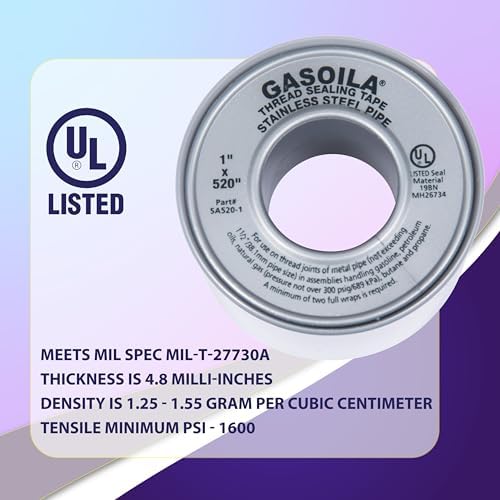 Gasoila Nickel PTFE Thread Seal Tape – Professional-Grade, 1 Inch x 520 Inch, High-Density Thread Tape for Stainless Steel Pipes– Leak-Proof Seal, Non-Toxic