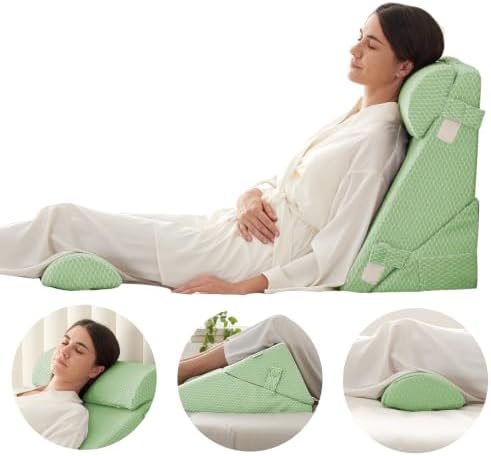 Bedluxe Adjustable 4pcs Bed Wedge Pillow Set, Memory Foam Wedges Pillow Post Surgery for Back, Neck, Leg Pain Relief, Pillows Wedge for Sleeping, Sitting up in Bed, Acid Reflux and GERD, Green