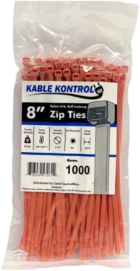Kable Kontrol Cable Zip Ties, 8 Inch, 1000 Pcs, 50lbs Test, Orange | Nylon Plastic, Self Locking, UL Listed, Indoor Use
