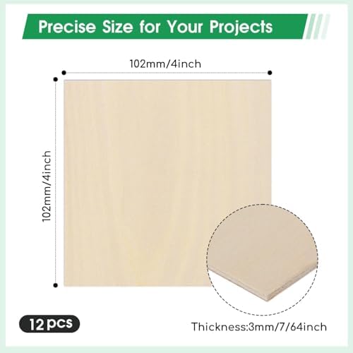 12 Pack Basswood Sheets 4"×4"×7/64" Unfinished Plywood Sheet