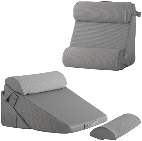 Bedluxe Adjustable 4pcs Bed Wedge Pillow Set, Memory Foam Wedge Pillows Post Surgery for Back, Neck, Leg Pain Relief, Pillow Wedge for Sleeping, Sitting up in Bed, Acid Reflux and GERD, Grey