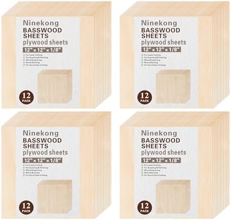 48 Pack Basswood Sheets 1/8 inch,12"x12"x1/8" Plywood Sheets,3mm Basswood for Laser Cutting,Laser Engraving Blanks,Thin Natural Unfinished Wood for Crafts,Wood Burning,Scroll Saw Cutting