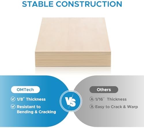OMTech 12 Pack Birch Plywood, 12x24 Inch Plywood for Crafts, 1/8" Thick Wood Boards for Laser Cutting Engraving, Unfinished Wood Sheets for DIY Projects Drawing Painting
