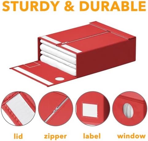 SpaceAid 4 Pack Bed Sheet Organizers and Storage, Foldable Sheet Organizer for Linen Closet, Sheets Set Folder Keeper with Window XL (Queen & King Size) Bedding Container (Red, 4 Pack)